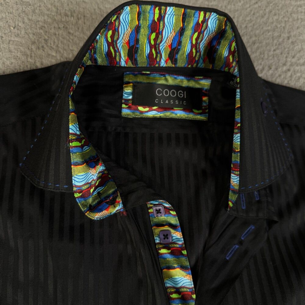 COOGI Classic Dress Shirt Mens 16 32/33 Black Striped Button Flip Cuff Stretch